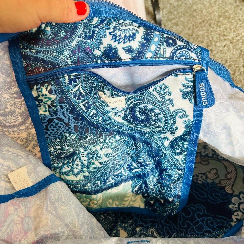 Chico’s Women’s Blue Paisley Colorful Foldable Zip Shopping Tote